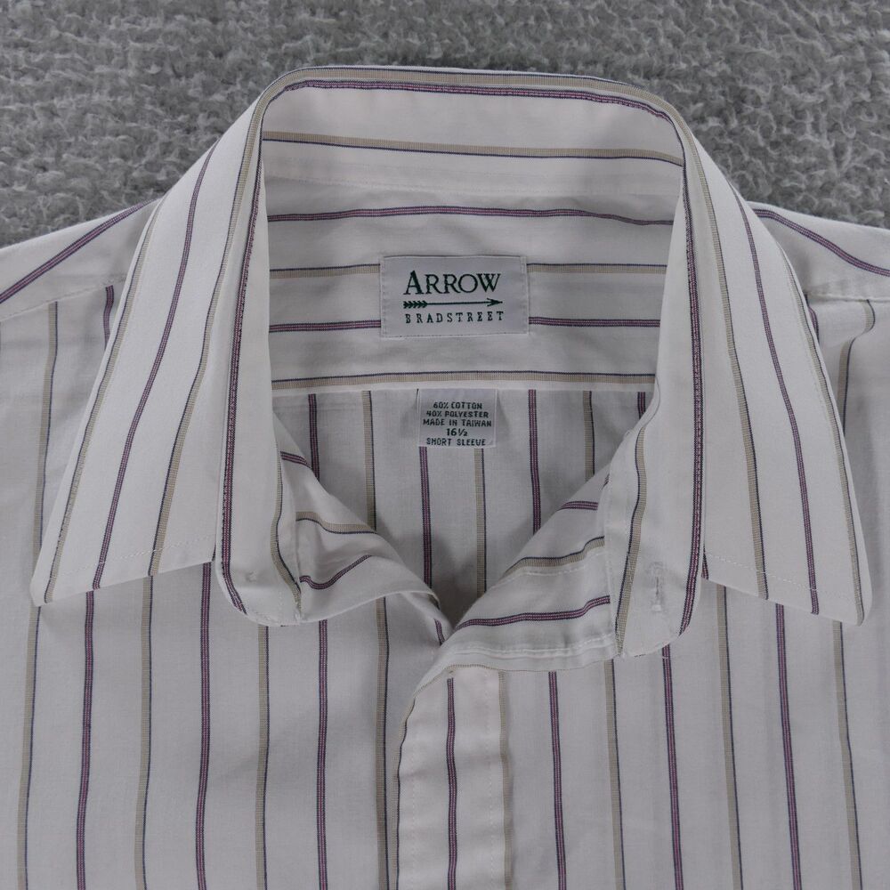 Vintage Arrow Shirt Mens 16.5 Large White Purple Stripe Short Sleeve Pocket
